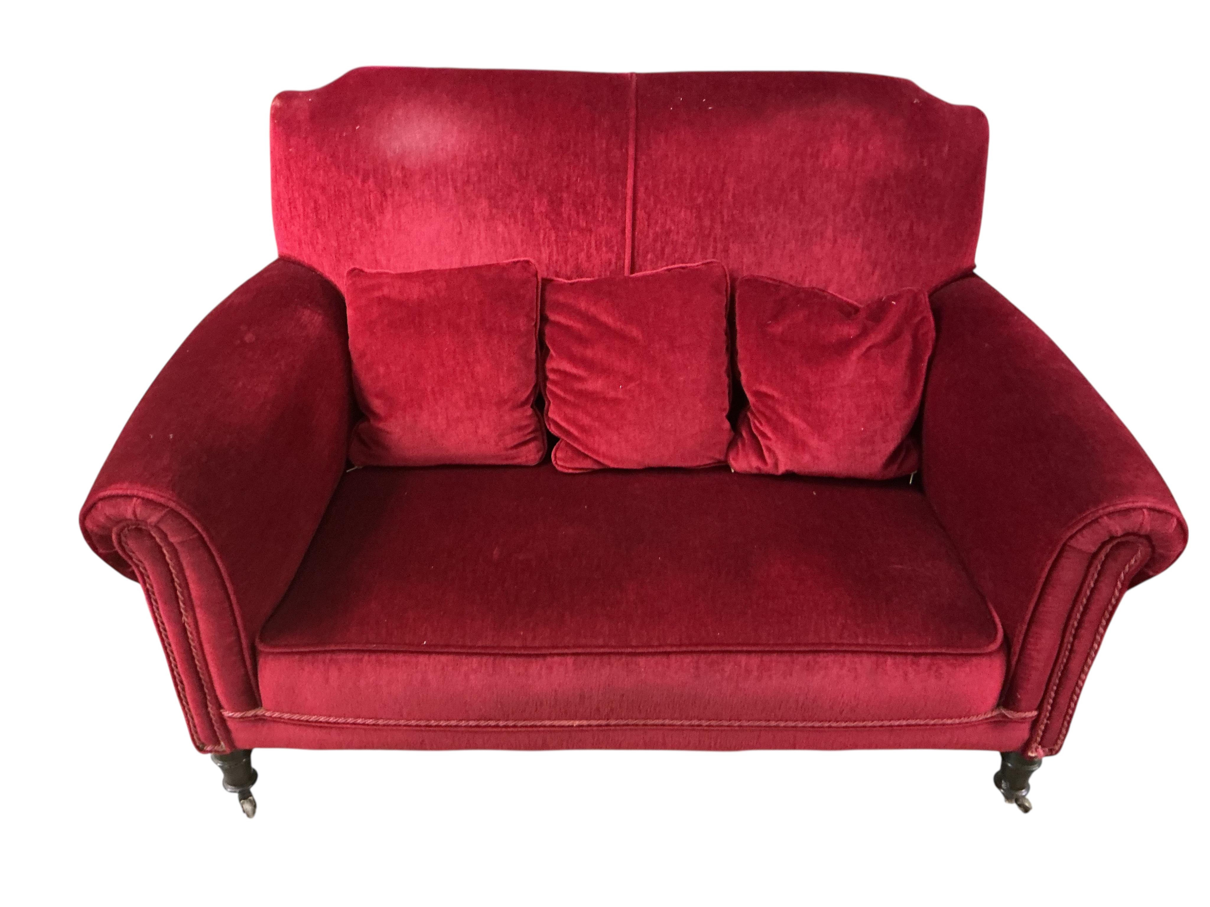 A late Victorian upholstered three piece suite, settee width 136cm, depth 80cm, height 90cm.